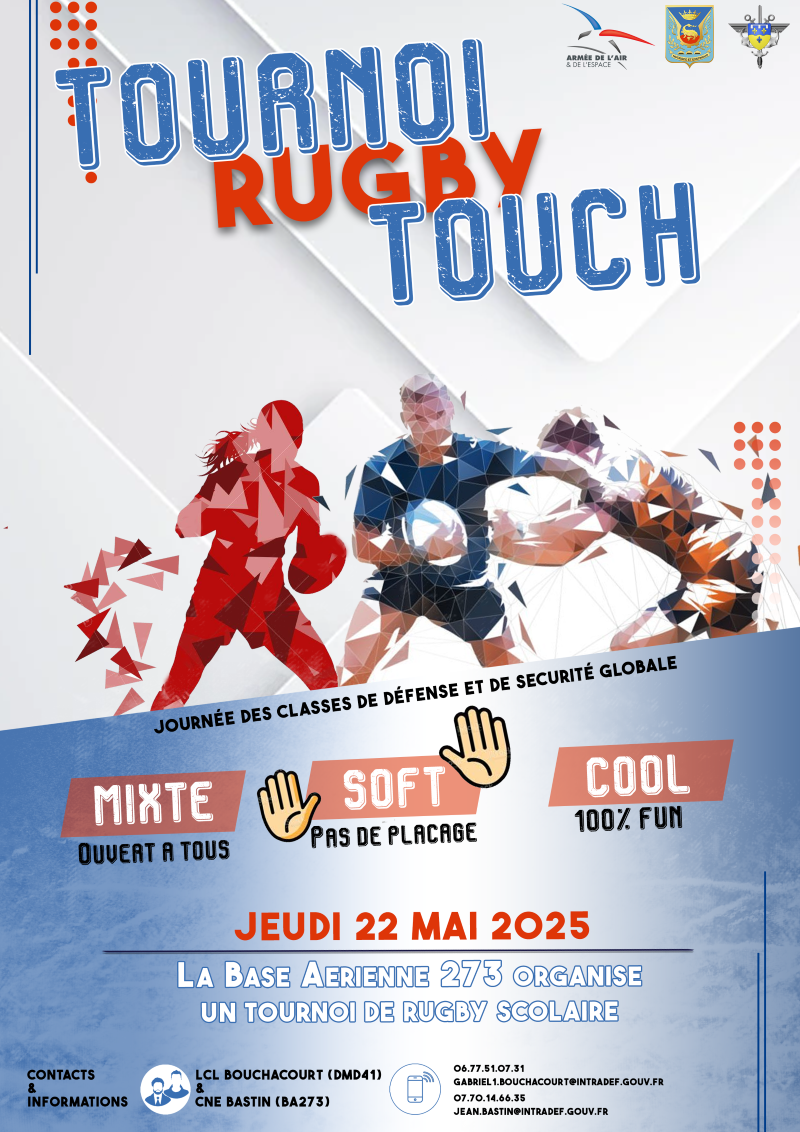 Affiche du tournoi de touch rugby pour la journée des classes défense le 22 mai 2025